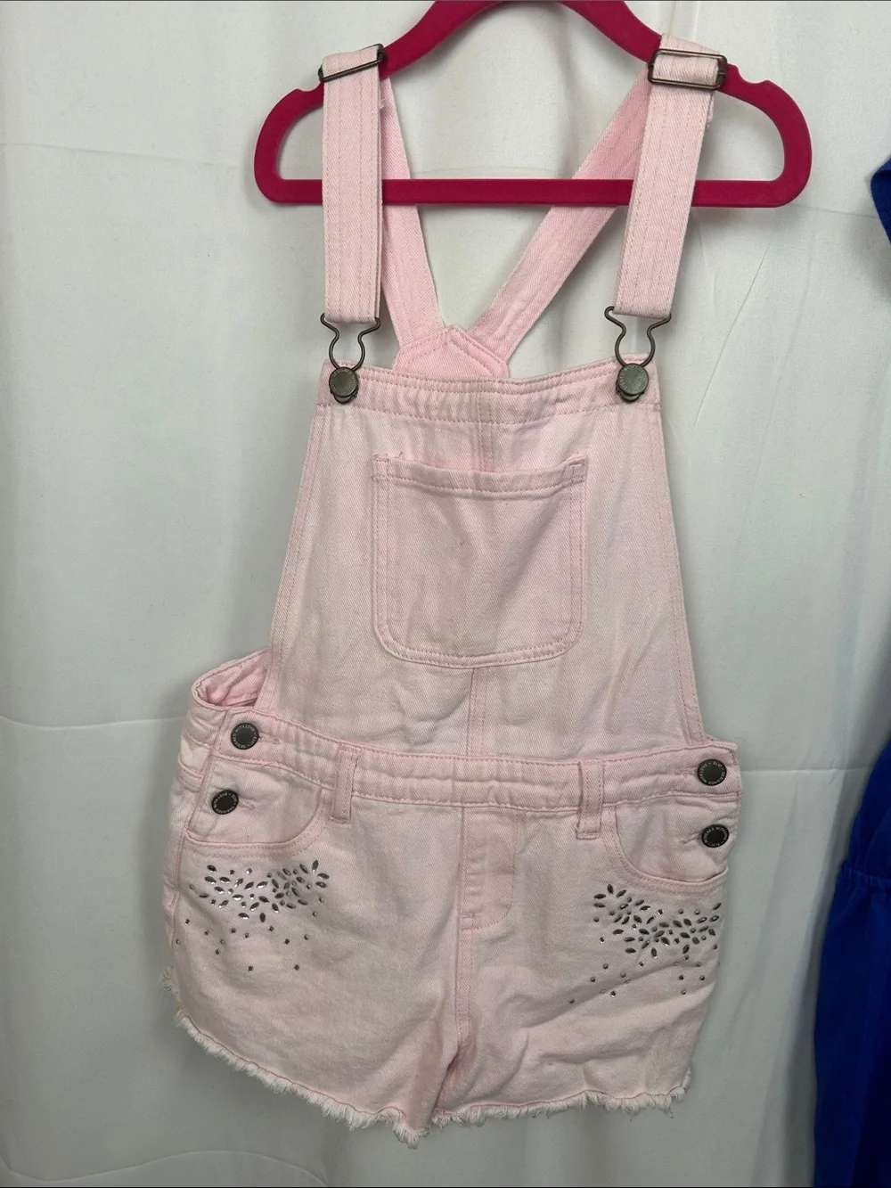 Girls Pink Denim Short Overalls and Embroidered Indigo Romper